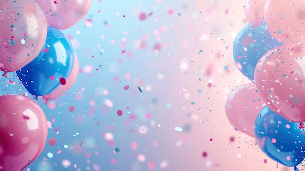 Fiesta de revelación de género del bebé, borde de globos rosas y azules con confeti y bokeh festivo