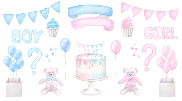 La fiesta de revelación de género, la ducha de bebé, el niño, la niña, los globos rosados azules, el pastel, la acuarela, la ilustración aislada.