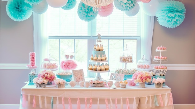 Fiesta de revelación de género grande y deliciosa torta de fiesta de revelación de género de bebé rosa y azul en la mesa festiva w