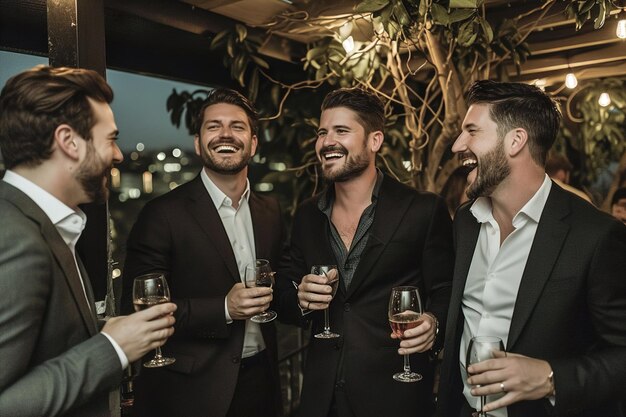 Fiesta de soltero con el novio y sus amigos en un bar en la azotea disfrutando de vistas panorámicas y risas