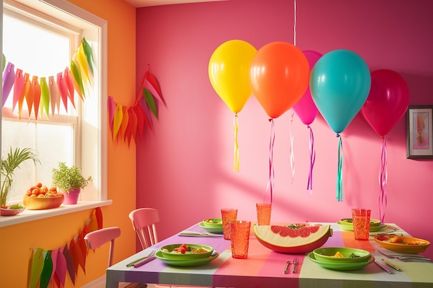 Fiesta de Taco Vegano con coloridas corrientes y globos