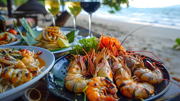 Fiesta tailandesa de mariscos con camarones a la parrilla