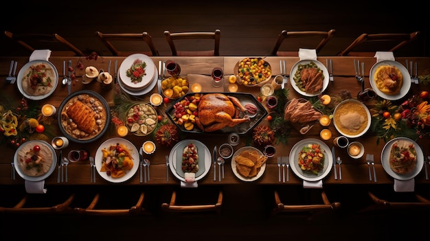 Fiesta tradicional de Acción de Gracias en una mesa de madera