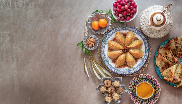 Fiesta tradicional y cultural iraní que consta de siete artículos simbólicos en la mesa feliz nowruz