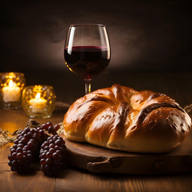 Foto fiesta tradicional judía de janucá con pan de jalá, vino de shabat y velas sobre un fondo oscuro