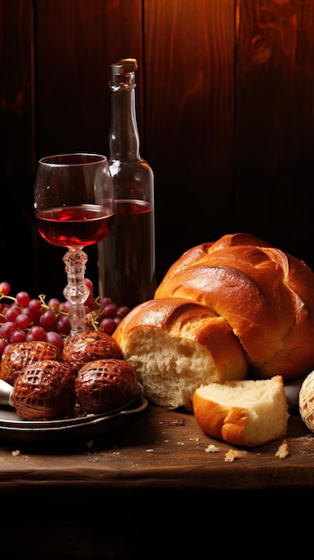 Foto fiesta tradicional judía de janucá con pan de jalá, vino de shabat y velas sobre un fondo oscuro