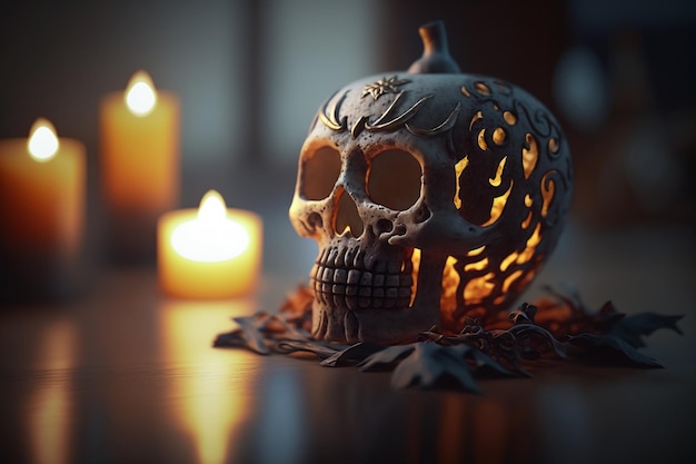 Fiesta tradicional de otoño del Día de Todos los Santos el 31 de octubre Calabaza de Halloween con velas El día de los fantasmas esqueletos cráneos el levantamiento de los muertos el alma