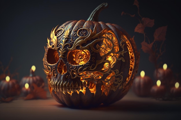 Fiesta tradicional de otoño del Día de Todos los Santos el 31 de octubre Calabaza de Halloween con velas El día de los fantasmas esqueletos cráneos el levantamiento de los muertos el alma