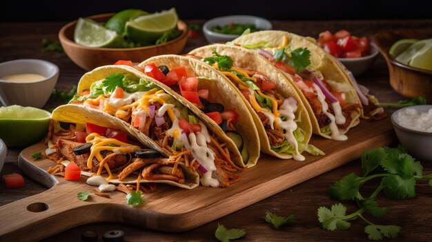 Fiesta vibrante Uma foto colorida e apetitosa de tacos um banquete para os sentidos