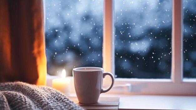 Fiestas de invierno noche tranquila y acogedora casa taza de té o taza de café y manta de punto cerca de la ventana en el campo inglés cottage inspiración atmósfera de vacaciones