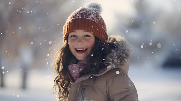 Fiestas nevadas Una toma temática de invierno de una chica feliz para Navidad y vacaciones