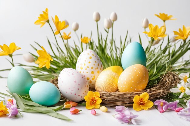 Fiestas de Pascua de primavera Fondo con huevos y flores de primavera Fondo de tarjeta de felicitación