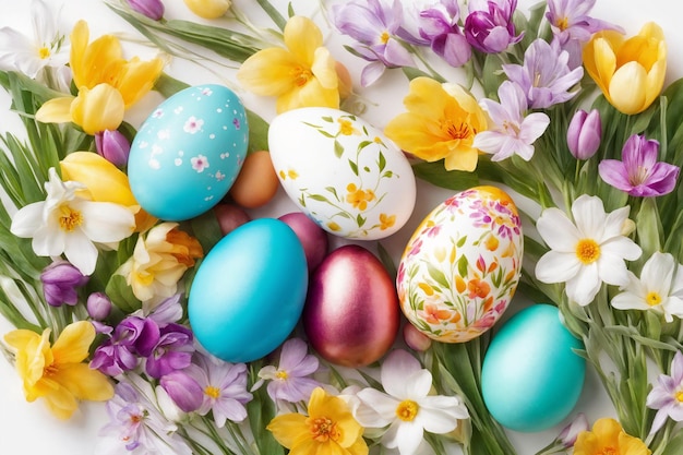 Foto fiestas de pascua de primavera fondo con huevos y flores de primavera fondo de tarjeta de felicitación