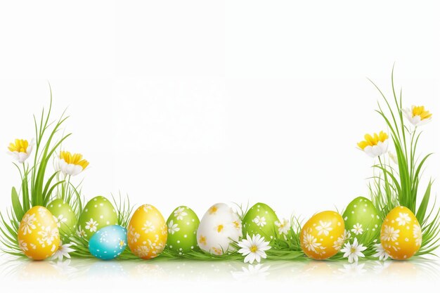 Fiestas de Pascua de primavera Fondo con huevos y flores de primavera Fondo de tarjeta de felicitación