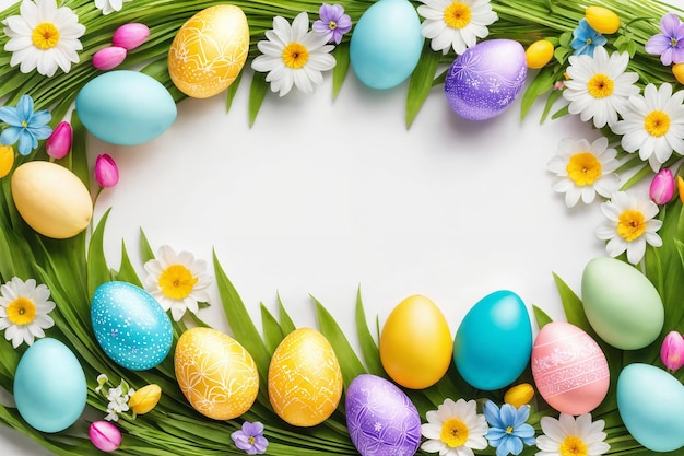 Fiestas de Pascua de primavera Fondo con huevos y flores de primavera Fondo de tarjeta de felicitación