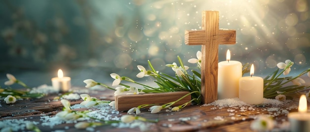 Foto fiestas religiosas de la iglesia cruz de madera galletas de nieve velas y fondo abstracto un símbolo de fe y fe en dios un día festivo cristiano pascua domingo de ramos cuaresma