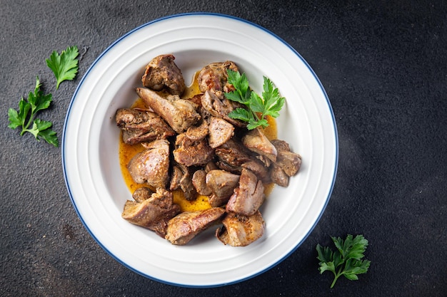 Fígado de frango miudezas refogado refeição frita lanche cópia espaço comida fundo