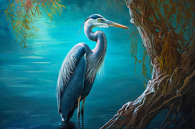 Figur des Reihers mit langem Schnabel im blauen Wasser vor dem Hintergrund der generativen ai der Natur