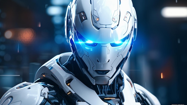 Figur eines Kampf-Android-Roboters mit leuchtend blauem Auge