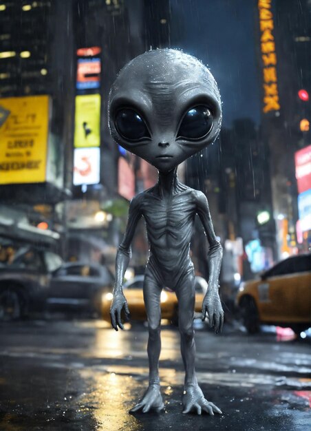 una figura alienígena está de pie en una calle bajo la lluvia