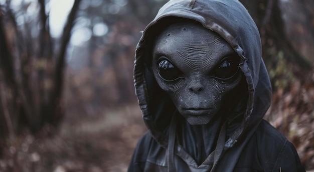 Figura alienígena misteriosa en un bosque