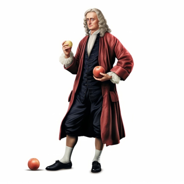 Figura altamente detalhada de Isaac Newton em vermelho e branco segurando maçãs