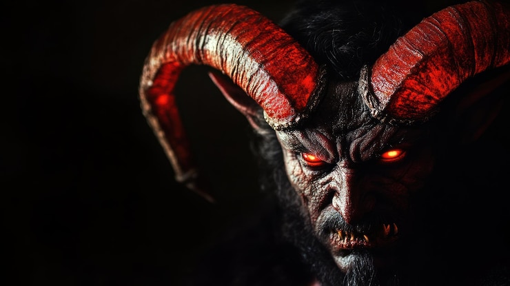 Foto una figura amenazante con cuernos rojos y ojos brillantes que evoca un tema sobrenatural oscuro