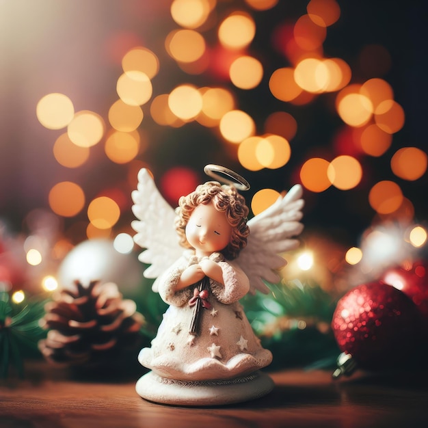 Figura de ángel con fondo de decoración de Navidad