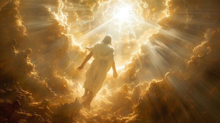 Foto figura angelical ascendiendo hacia los cielos radiantes