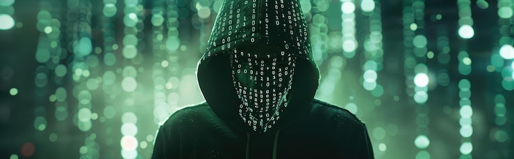 Foto figura anónima con capucha rodeada por un flujo de datos digitales que simboliza la seguridad cibernética y la piratería