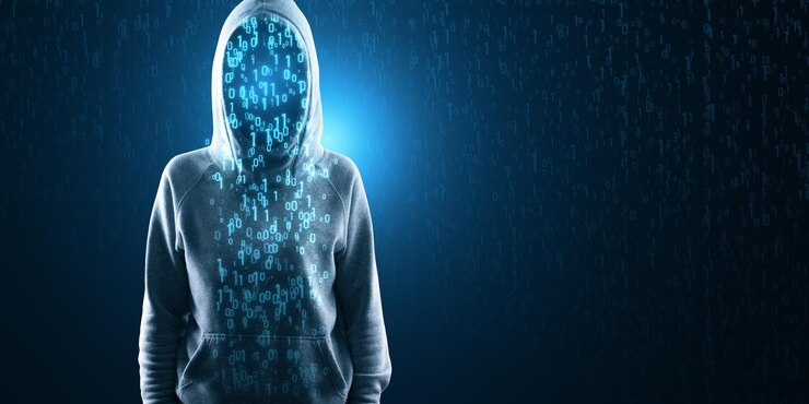 Foto una figura anónima encapuchada está envuelta en código binario digital que representa conceptos de ciberseguridad y hacking contra un telón de fondo oscuro