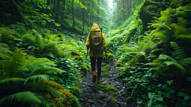 Una figura aventurera explora un bosque exuberante