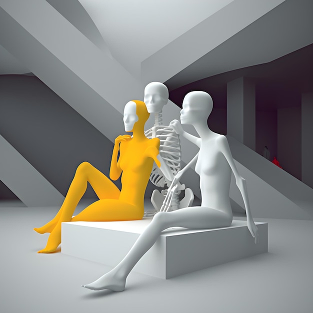 Una figura blanca con un esqueleto sentado junto a una mujer.