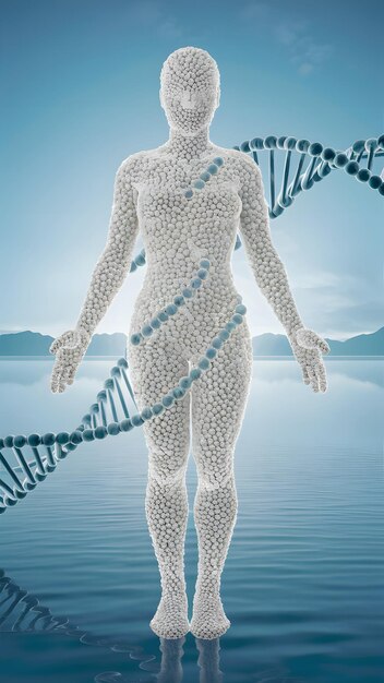 Foto figura branca 3d com hélice de dna simbolizando a genética humana definida contra fundo azul vertical mo