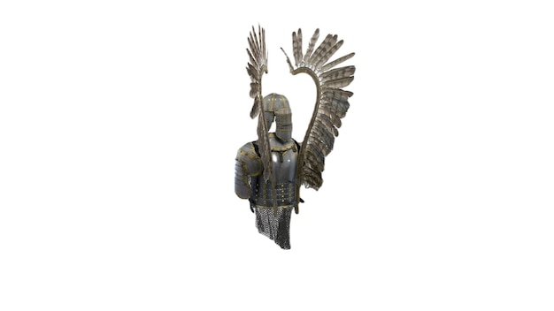 Figura de bronce de un guerrero con alas y espada.