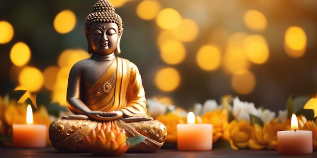 Figura de buda y velas fondo oscuro Un pequeño altar iluminado con pequeñas velas IA generativa