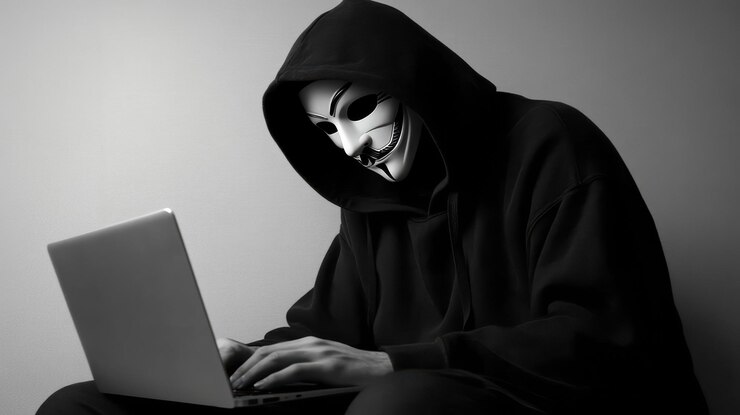 Foto una figura con capucha y máscara escribe en una computadora portátil en un entorno monocromático oscuro
