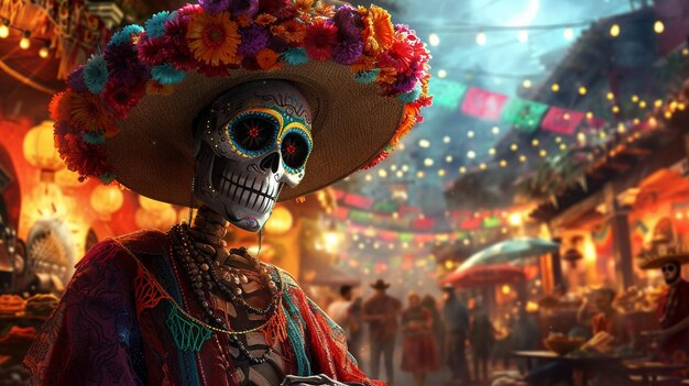 Una figura con una cara de cráneo pintada para las festividades del Día de los Muertos se encuentra adornada con el tradicional att