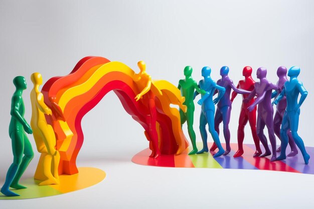 una figura colorida de personas con figuras de colores del arco iris