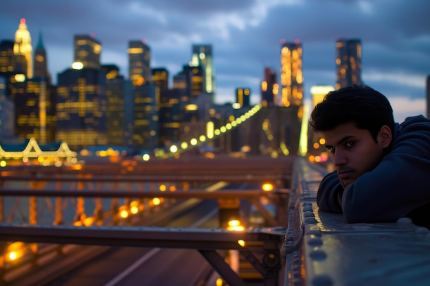 Figura contemplativa abrazando las luces de la ciudad