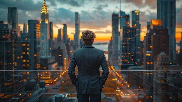 Figura corporativa observando el edificio metropolitano