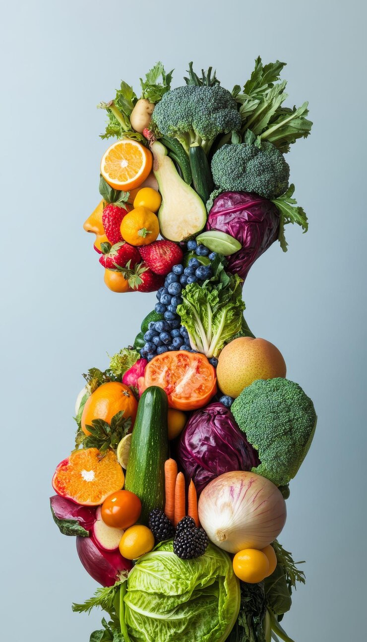 Una figura creativa hizo coloridas frutas y verduras
