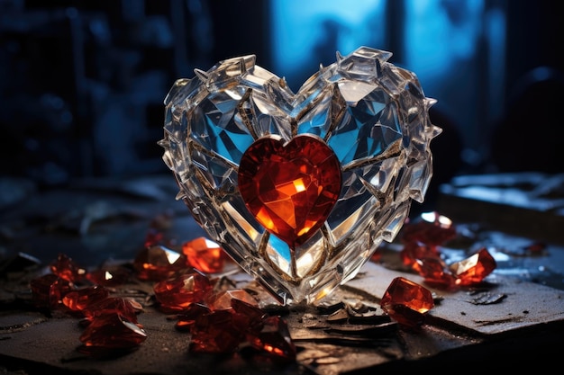 Una figura de cristal en forma de corazón rodeada de fragmentos.