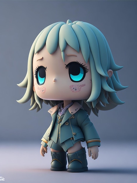 Figura de anime de uma garota com cabelo azul e olhos azuis