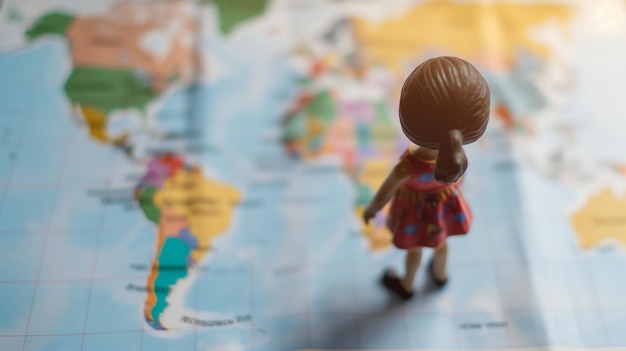 Figura de brinquedo de uma menina em um mapa do mundo conceito de viagem e educação