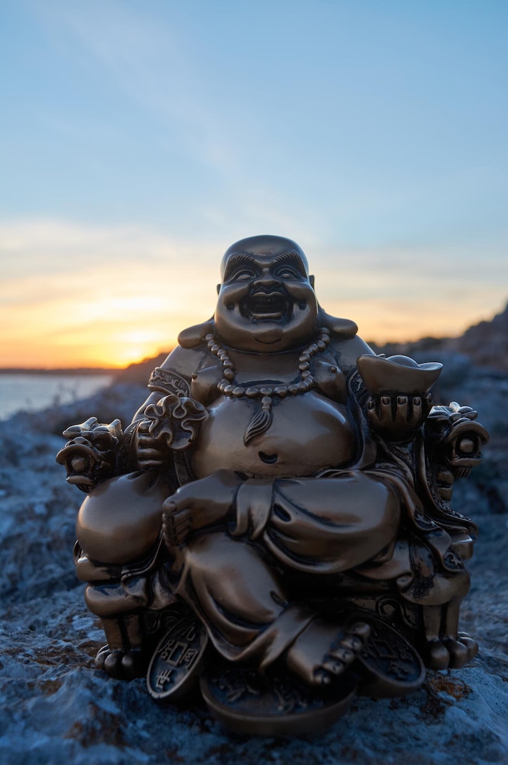 Foto figura de buda ao pôr-do-sol em um penhasco no mar