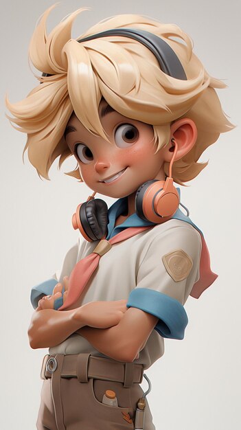 figura de estilo anime de um menino de cabelos loiros com fones de ouvido e uma gravata