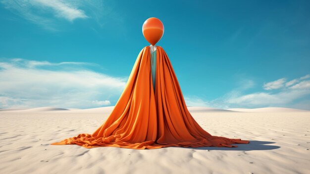 Figura de IA generativa coberta por um pano esvoaçante laranja e um grande balão antes do rosto no deserto em um fundo de céu azul Arte conceitual criativa e surreal Conceito de estresse e saúde mental