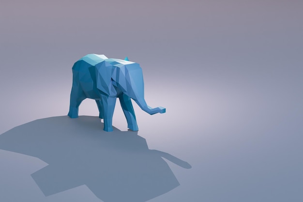 Figura de lembrança de um elefante de cor azul com uma sombra em um fundo cinza copiar colar 3d render