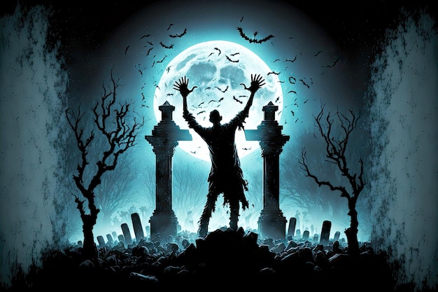 Figura de zumbi em pedestal no cemitério com as mãos saindo das sepulturas